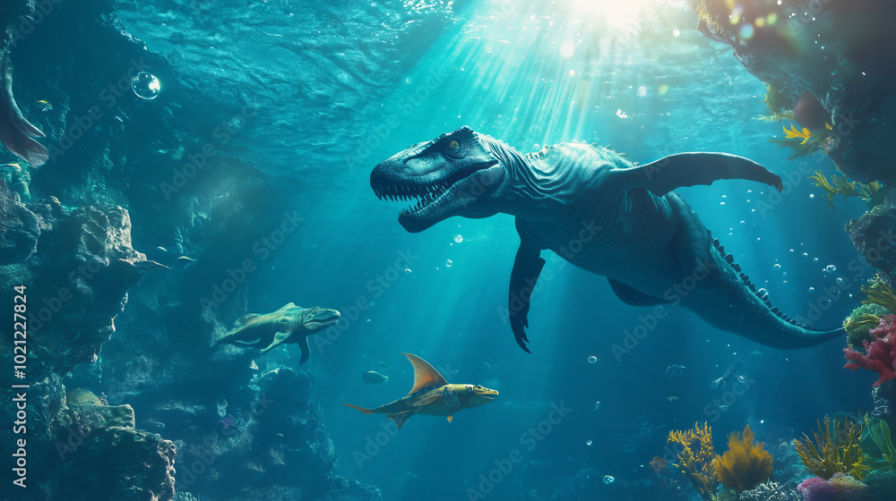 Fototapeta premium Ancient marine reptiles swimming in a vibrant ocean scene