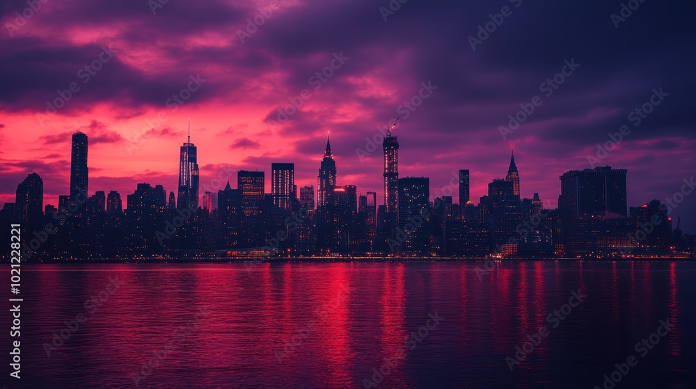 A vibrant sunset over a city skyline reflecting on water. A vibrant sunset over a city skyline reflecting on water.