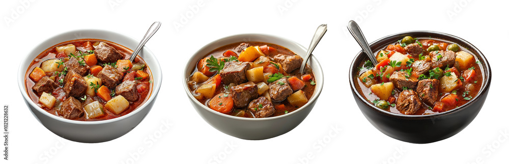 Hearty Vegetable and Meat Stew in Three Bowls Isolated on Transparent Background Hearty Vegetable and Meat Stew in Three Bowls Isolated on Transparent Background