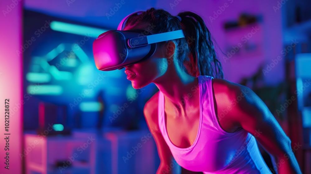 A gamer exercising while playing a fitness-focused game, burning calories and leveling up at the same time A gamer exercising while playing a fitness-focused game, burning calories and leveling up at the same time