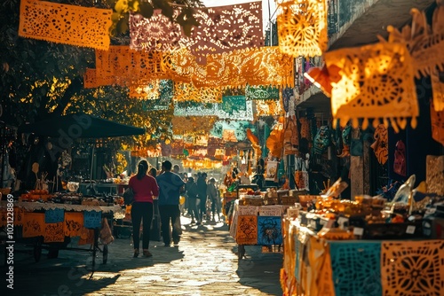 Bright and joyful Day the Dead street celebration with diverse food stalls, traditional music performances, and vibrant festive banners