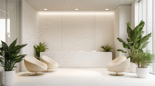 white luxury showroom with reception area, beige chairs in the waiting area