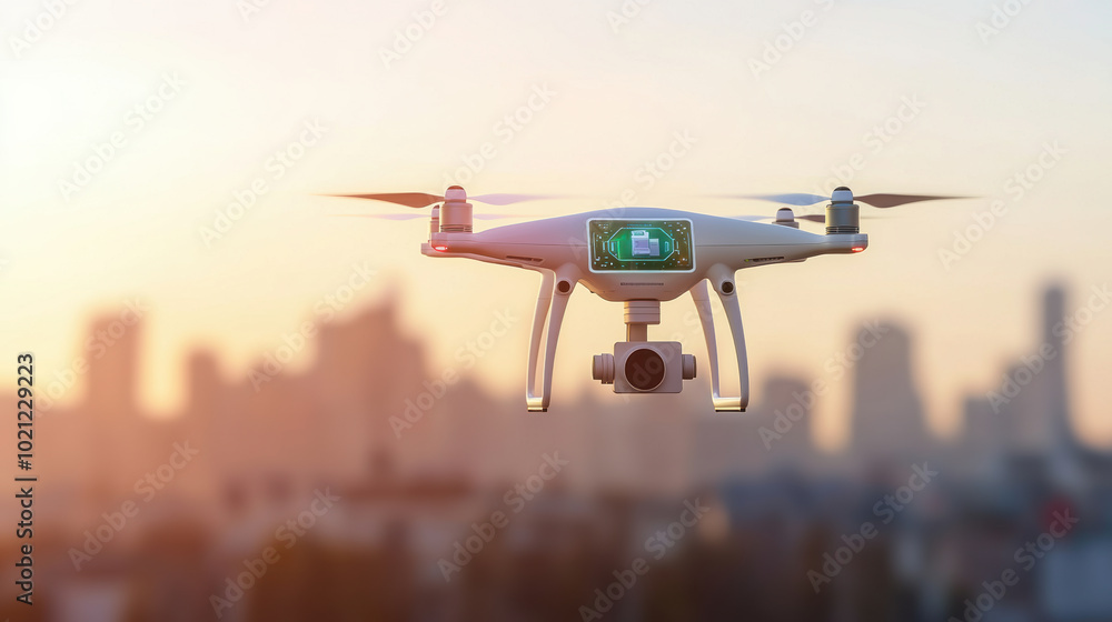 Delivering packages with smart drones in urban skyline at sunset Delivering packages with smart drones in urban skyline at sunset