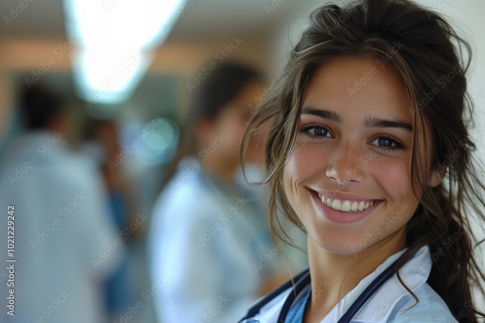 Female psychiatrist smiling in a hospital environment. Female psychiatrist smiling in a hospital environment.