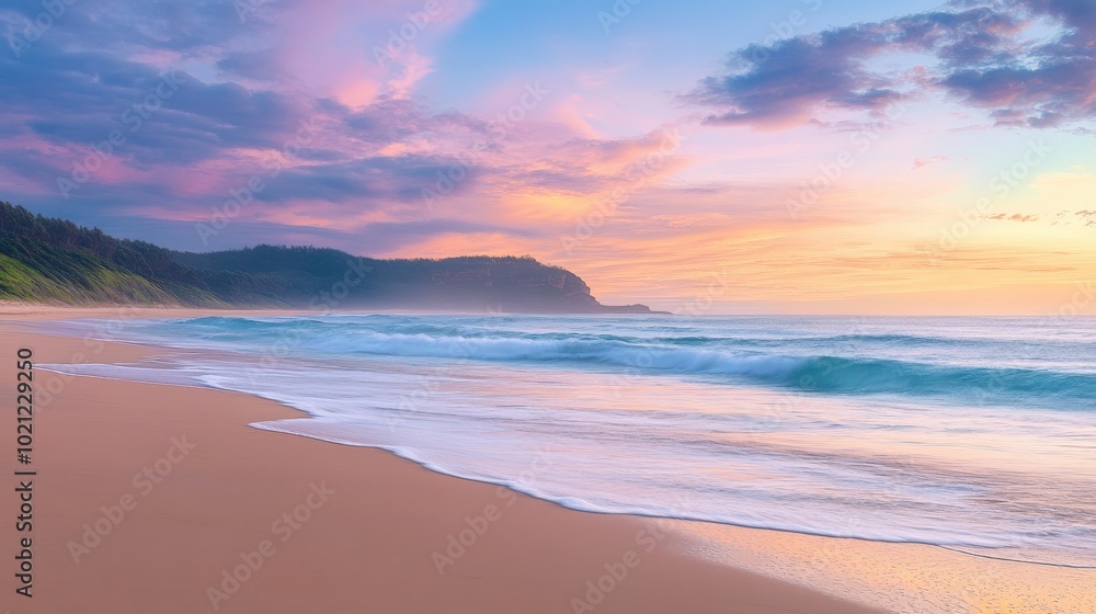 Serene beach at sunrise with pastel skies and gentle waves lapping the shore. Serene beach at sunrise with pastel skies and gentle waves lapping the shore.