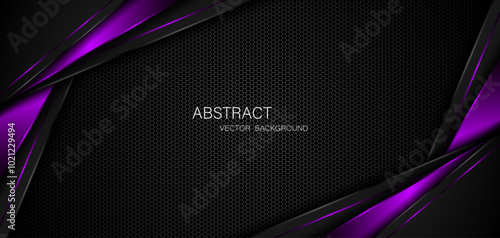 Abstract black and purple polygons on dark steel mesh background. with free space for design. modern technology innovation concept background	