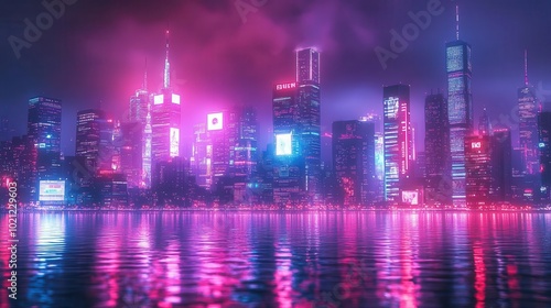 Futuristic cityscape with digital advertisements for fintech apps, neon lights, skyscrapers, urban technology, high detail, cyberpunk style