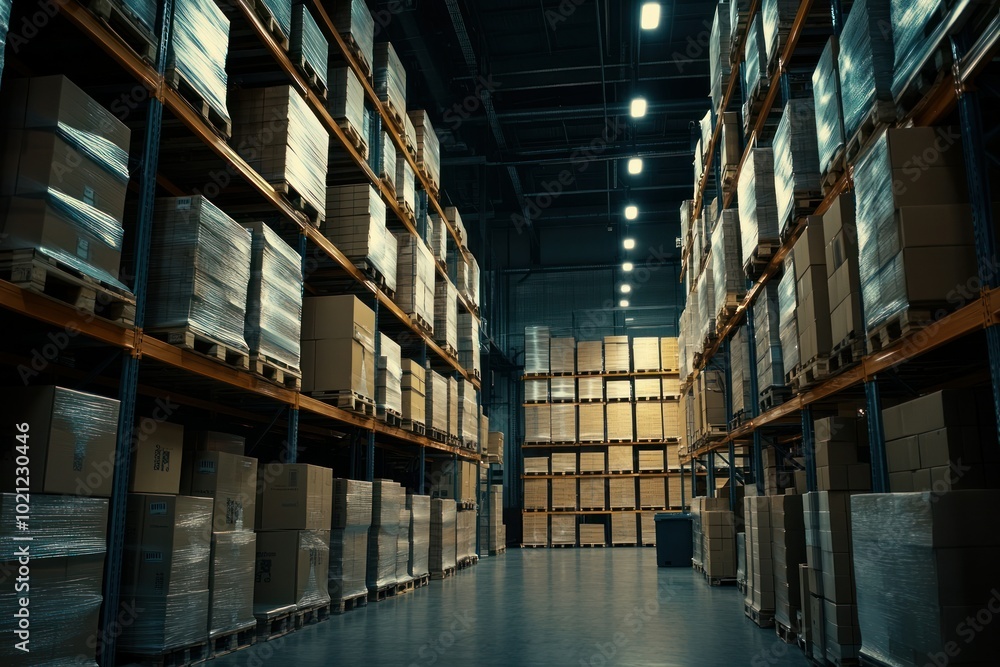 Spacious Warehouse Filled with Neatly Stacked Boxes Spacious Warehouse Filled with Neatly Stacked Boxes