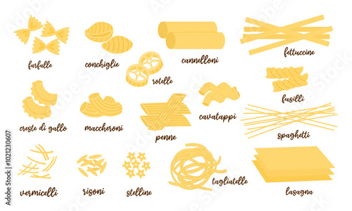 Set of various italian pasta. Different types pasta, noodles. Farfalle, conchiglie, maccheroni, fusilli, lasagne, spaghetti, penne, fettuccine. Traditional cuisine Italy. Vector illustration.