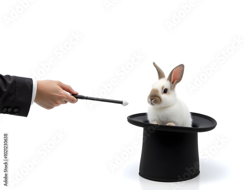 Close-up of magic wand and rabbit in top hat on white background