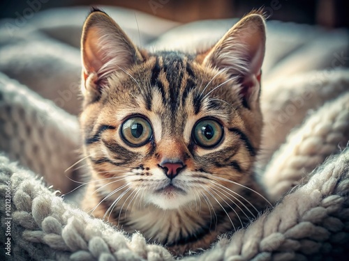 Adorable Smushed Face Cat Relaxing on a Soft Blanket with Big Eyes and Unique Facial Features photo