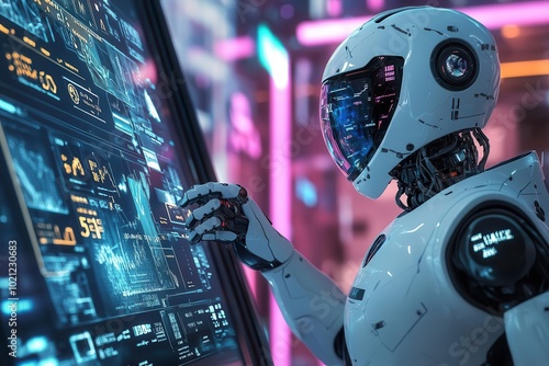 Illustration of a robotic financial advisor helping a customer, holographic charts, fintech innovation, bright colors, high-tech environment, digital art