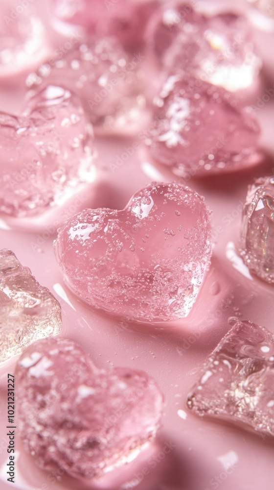 Small heart-shaped ice cubes in shades of pink lay scattered in a glossy pink liquid. The soft light enhances their translucent beauty, creating a charming and whimsical atmosphere, perfect for a roma Small heart-shaped ice cubes in shades of pink lay scattered in a glossy pink liquid. The soft light enhances their translucent beauty, creating a charming and whimsical atmosphere, perfect for a roma