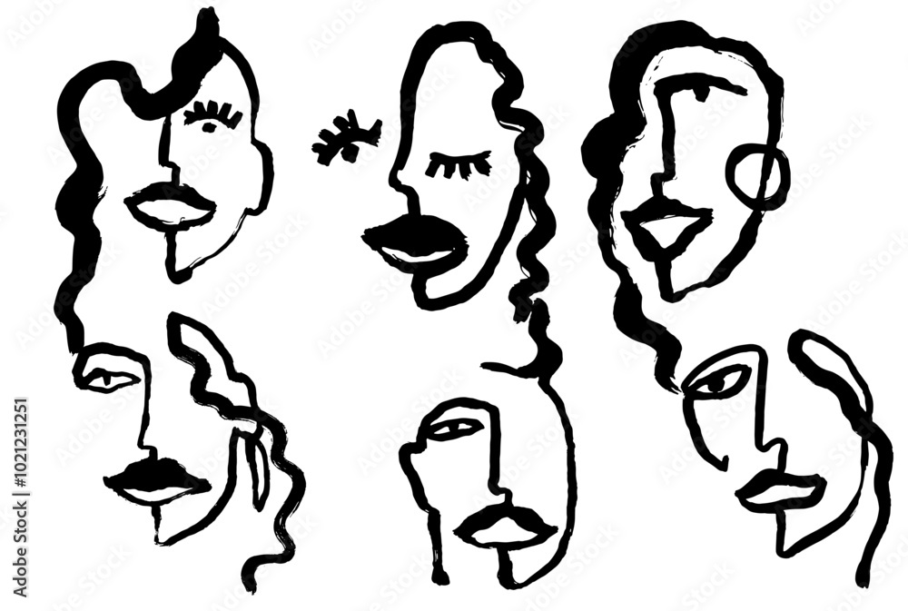 Contemporary Ink Brush Abstract Modern Girl Portrait Set Contemporary Ink Brush Abstract Modern Girl Portrait Set