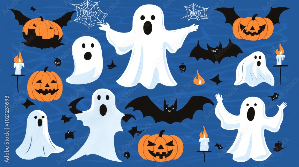 A sheet of Halloween-themed stickers featuring pumpkins, ghosts, and bats, set against a spooky backdrop with cobwebs and candles. A sheet of Halloween-themed stickers featuring pumpkins, ghosts, and bats, set against a spooky backdrop with cobwebs and candles.