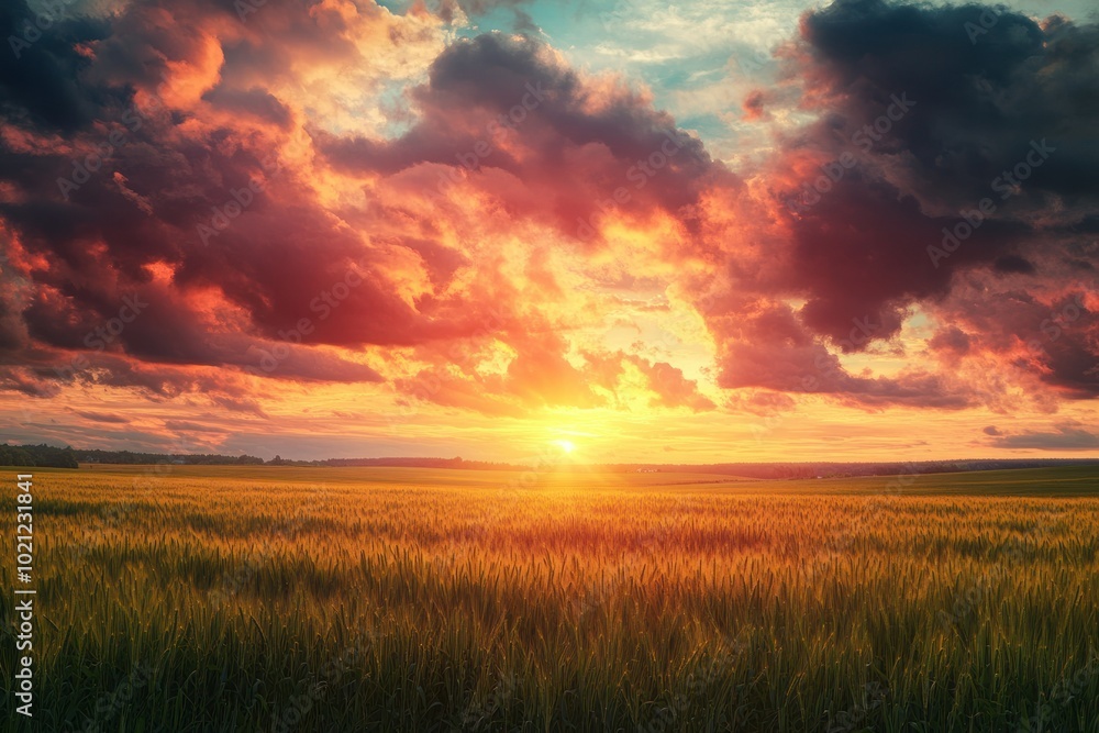Stunning Sunset Over a Vast Field Illuminated by Twilight Stunning Sunset Over a Vast Field Illuminated by Twilight