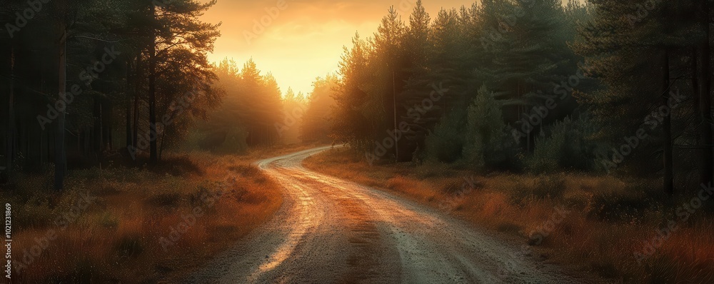 Pine forest road at twilight, sky painted with colors of the setting sun Pine forest road at twilight, sky painted with colors of the setting sun
