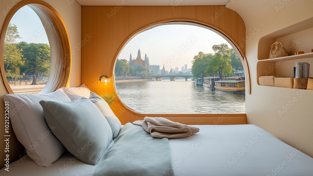 Fototapeta premium Modern Cozy Bedroom with River View of Traditional Thai Architecture Through Circular Window