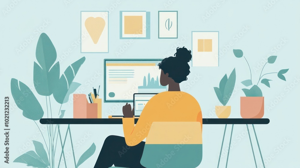 A graphic designer adjusting their digital art on a tablet, with a light blue pastel background emphasizing a soft, modern work environment A graphic designer adjusting their digital art on a tablet, with a light blue pastel background emphasizing a soft, modern work environment