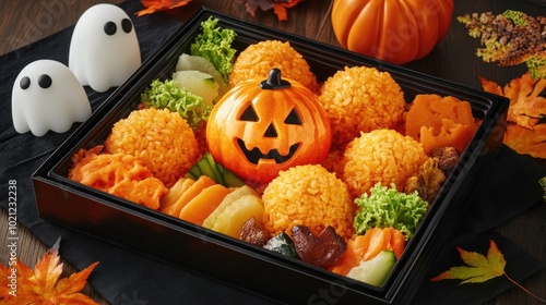 A vibrant Halloween obento box filled with colorful pumpkin-shaped rice balls, ghost-cut vegetables, and festive treats, set against a black and orange themed backdrop. photo