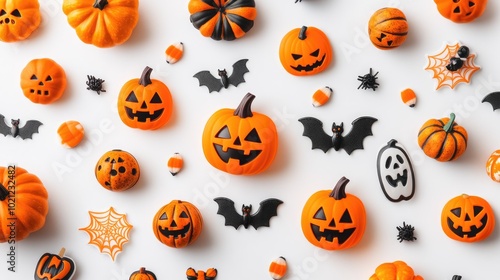 A visually appealing display of cute Halloween stickers, featuring vibrant colors and playful characters, neatly organized on a bright white background.