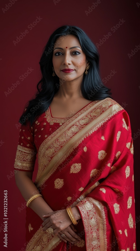Portrait of Indian woman in rich red saree with gold accents, standing gracefully with hands clasped, with a red to burgundy gradient glowing backdrop, Indian traditional Diwali festival, Diwali Portrait of Indian woman in rich red saree with gold accents, standing gracefully with hands clasped, with a red to burgundy gradient glowing backdrop, Indian traditional Diwali festival, Diwali