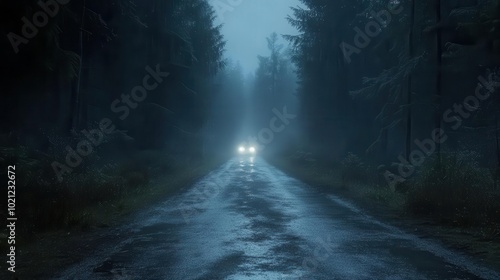 Road through foggy pine forest, headlights piercing the mist, mysterious and ethereal photo