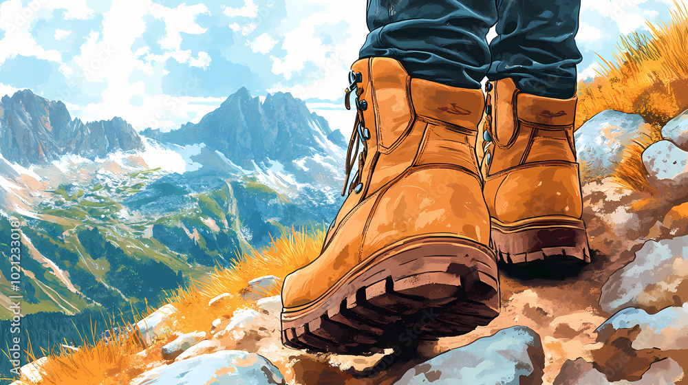 Closeup of rugged hiking boot midstep on rocky mountain trail dusty leather contrasts with vibrant nature sense of adventure and exploration emanates from the image. Rocky Mountain Trail. Illustration Closeup of rugged hiking boot midstep on rocky mountain trail dusty leather contrasts with vibrant nature sense of adventure and exploration emanates from the image. Rocky Mountain Trail. Illustration