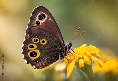 A dark brown butterfly sits on a bright yellow flower, with soft sunlight shining from the side.