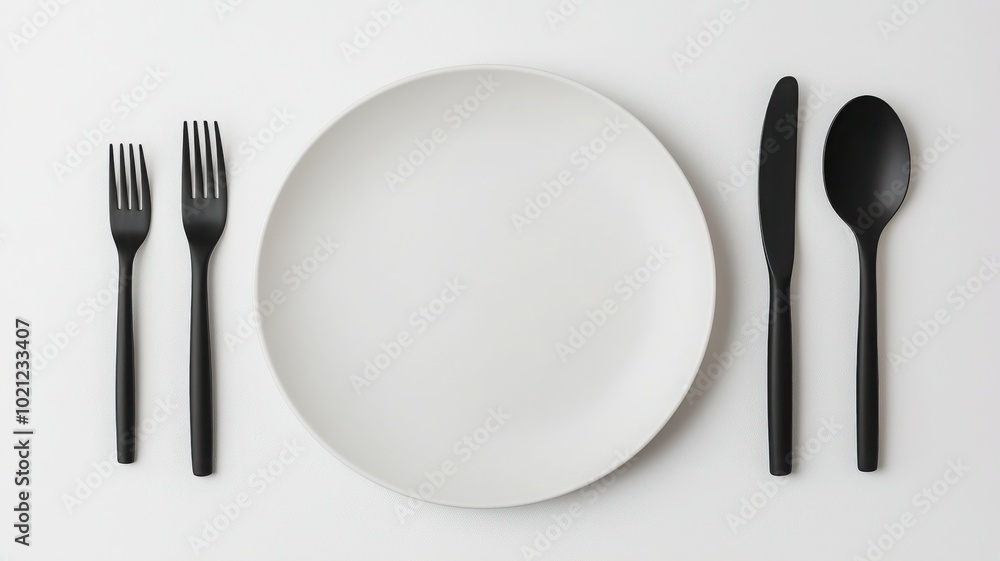 Minimalistic table setting with black cutlery and a white plate on a clean surface. Minimalistic table setting with black cutlery and a white plate on a clean surface.