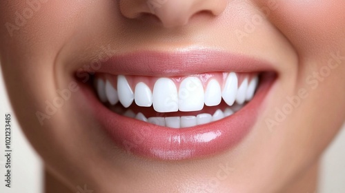 Close-up of a radiant smile showcasing perfectly aligned, bright white teeth and soft pink lips, embodying dental health and confidence in oral care.