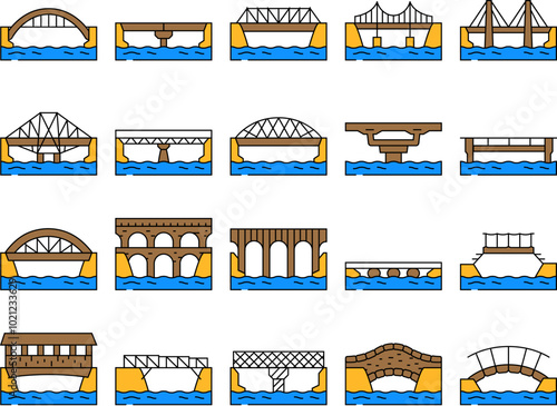 bridge road river construction icons set vector. city arch, building metal, viaduct railway steel architecture, drawbridge suspension bridge road river construction color Contour Illustrations