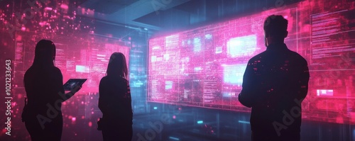 Startup founders discussing blockchain solutions, digital whiteboards, high-tech environment, Techno-futuristic, Digital art, Neon hues, High Detail photo