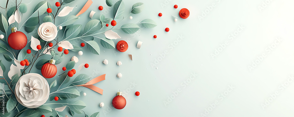 Fototapeta premium Christmas decor, handmade wreath with natural greenery and festive ribbons, 3D illustration