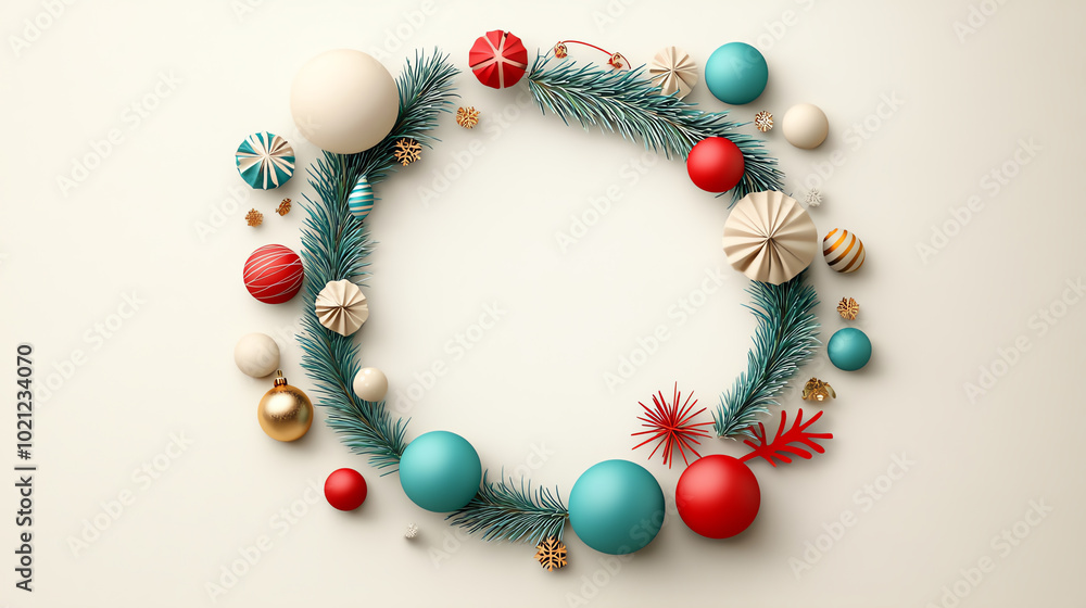 Christmas decor, handmade wreath with pine branches and golden ornaments, 3D illustration Christmas decor, handmade wreath with pine branches and golden ornaments, 3D illustration