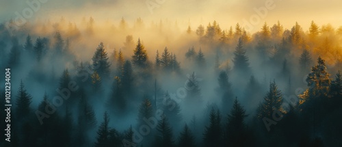 Misty forest at sunrise, with golden light filtering through the trees creating a serene and ethereal atmosphere.