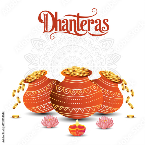 Three earthen pots overflowing with gold coins against a white background with a mandala design Below the pots are two pink lotus flowers and a lit diya  The text Dhanteras is center

