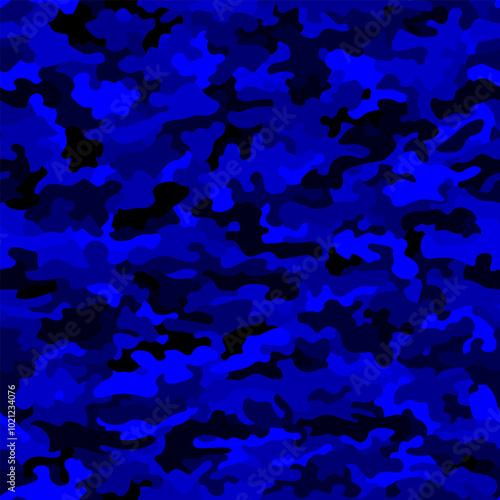 Azure blue, colored seamless pattern. Abstract military or police camouflage