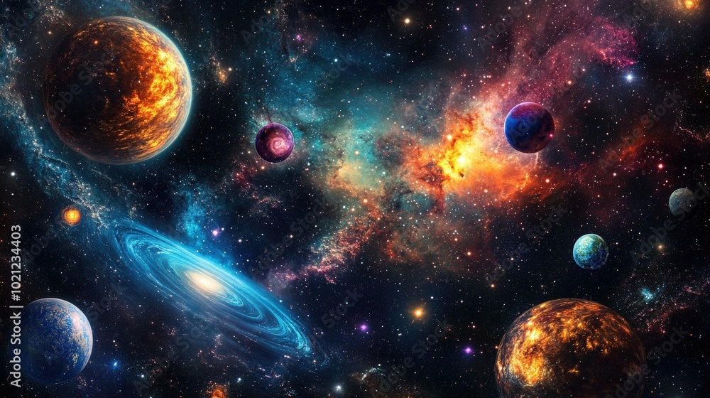 Obraz premium Vibrant cosmic scene with colorful planets and swirling galaxies in outer space.