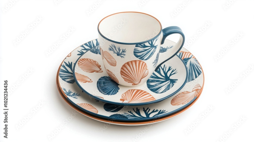 Elegant tableware set featuring seashell patterns, styled for coastal dining. Elegant tableware set featuring seashell patterns, styled for coastal dining.