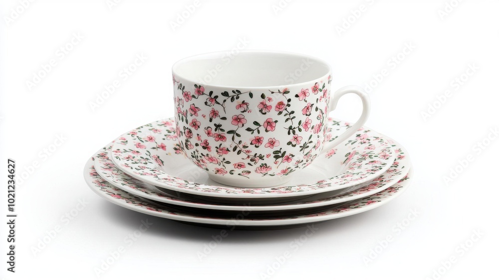 Floral patterned tea set with cup and saucer on white isolate background. Floral patterned tea set with cup and saucer on white isolate background.
