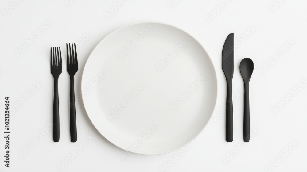 Minimalist table setting with a white plate and black utensils on a white background. Minimalist table setting with a white plate and black utensils on a white background.