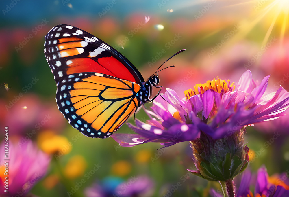 Fototapeta premium A bright orange butterfly sits on a flower, against a background of green grass. Sunlight shines through, revealing the details.