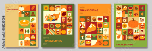 Four colorful cards with a Thanksgiving theme. Each card has a different design and features a variety of fall foods and decorations