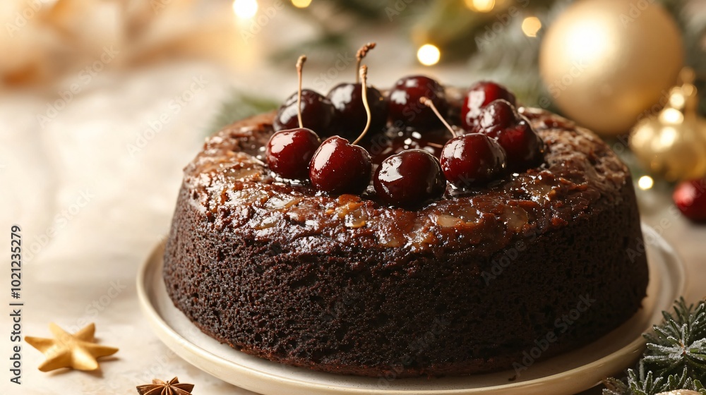 Caribbean Black Cake decorated with rum-soaked cherries, isolated on a soft beige background with a festive holiday feel Caribbean Black Cake decorated with rum-soaked cherries, isolated on a soft beige background with a festive holiday feel