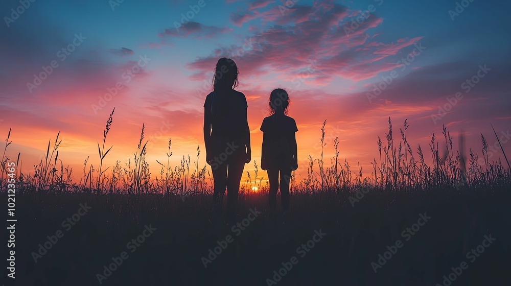 Silhouettes of Two Girls Standing in a Field at Sunset Silhouettes of Two Girls Standing in a Field at Sunset