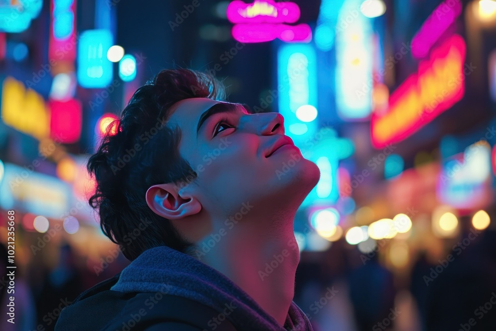 Young Man Gazes in Awe at Neon City Lights Young Man Gazes in Awe at Neon City Lights