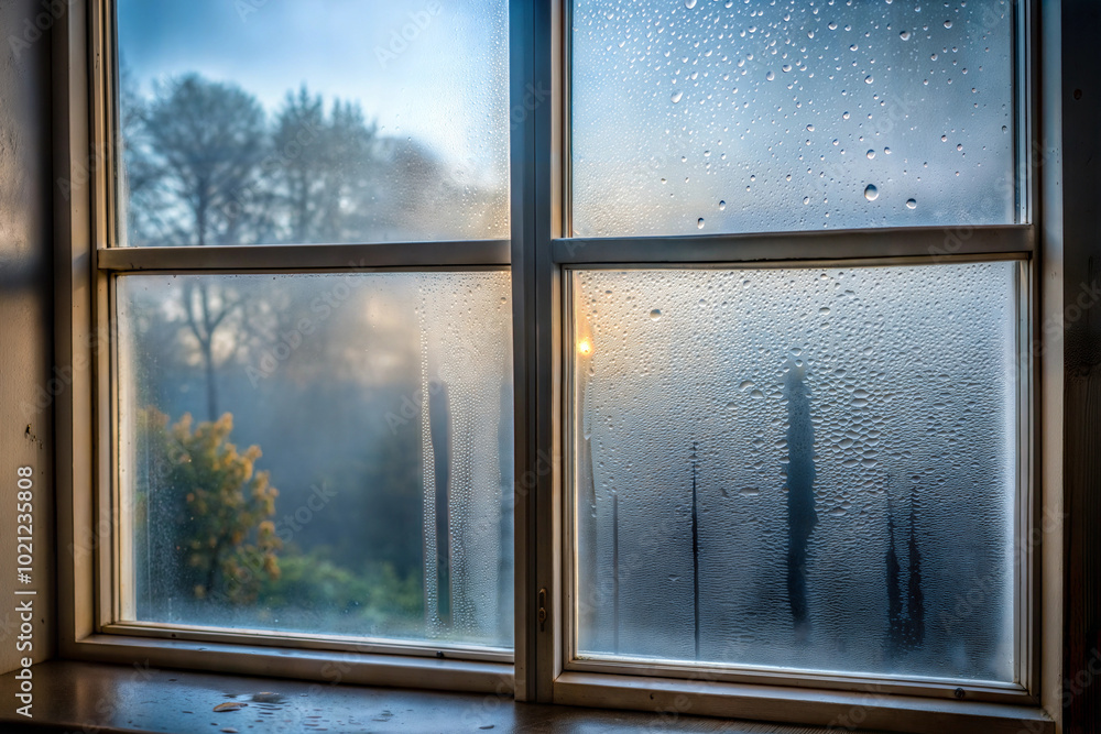 Old dirty foggy window, autumn outside, sunset Old dirty foggy window, autumn outside, sunset
