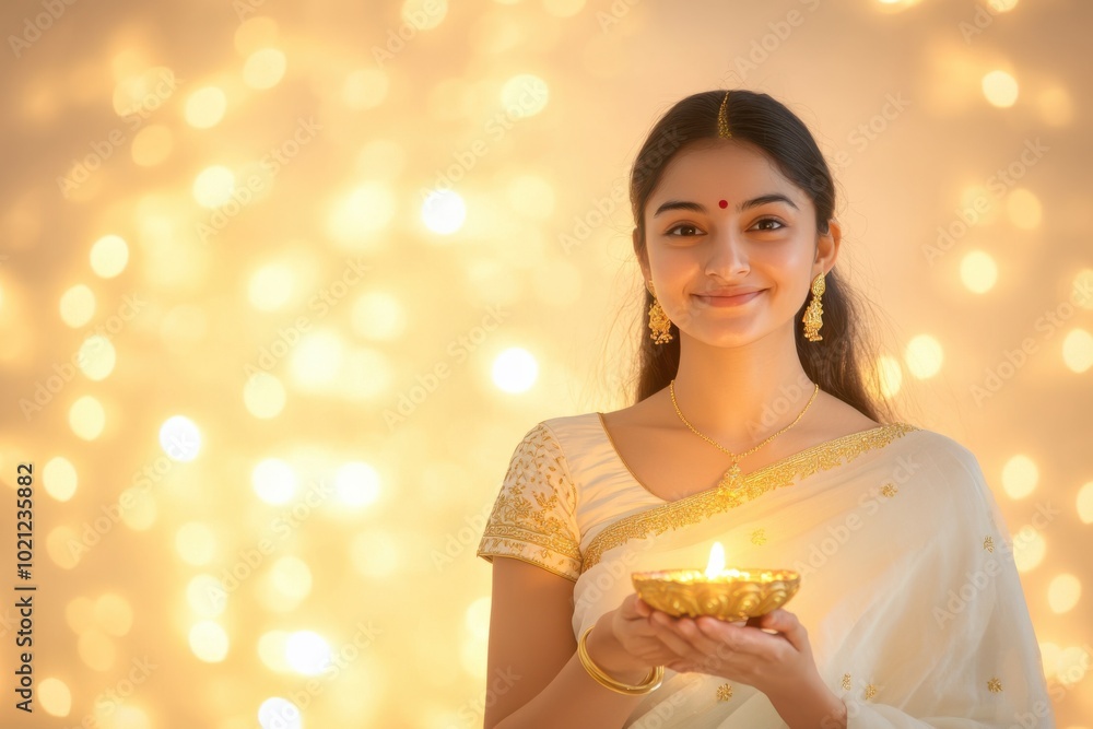 Portrait of Indian woman in white saree with gold accents, smiling and holding a diya lamp, in front of a gradient glowing background blending white and soft gold, Indian traditional Diwali festival Portrait of Indian woman in white saree with gold accents, smiling and holding a diya lamp, in front of a gradient glowing background blending white and soft gold, Indian traditional Diwali festival