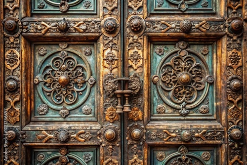 Antique Vintage Metal Doors with Intricate Designs and Patina Showing Age and Character in Close-Up